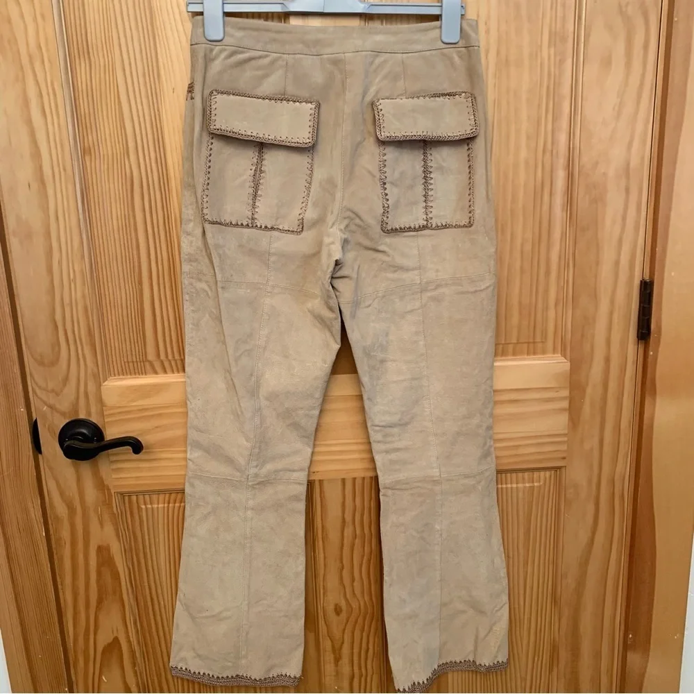 SUEDE ESSENTIALS Tan Leather Suede Embroidered Pants